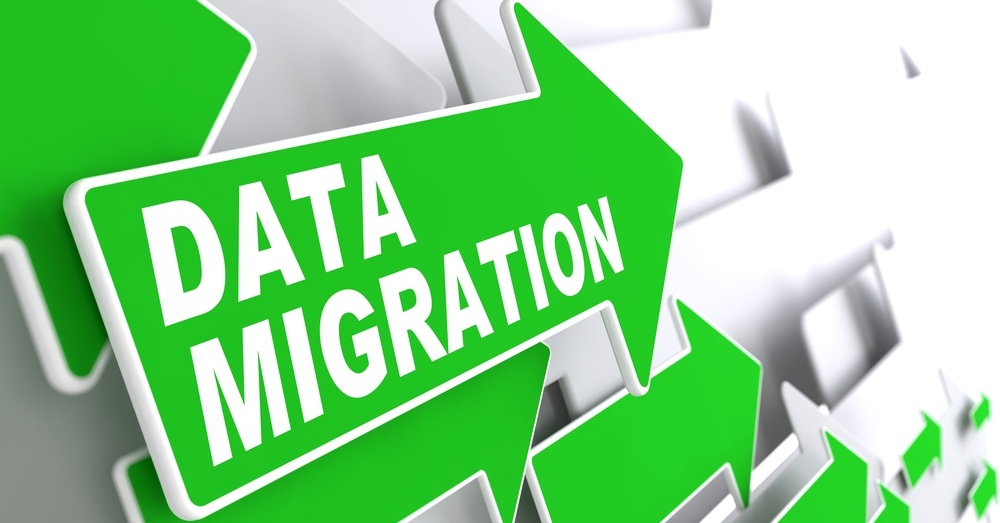 Data Migration. Green Arrows on a Grey Background Indicate the Direction.